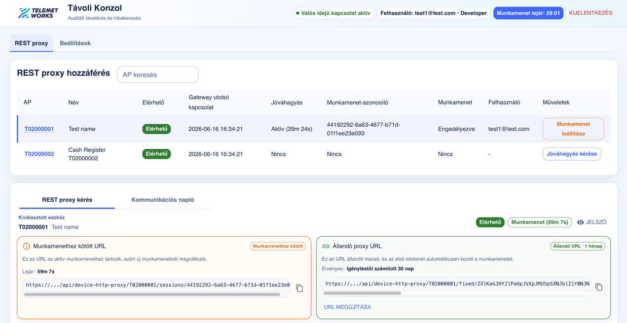 Távoli konzol — REST proxy, távoli cím (proxy URL) igénylése
